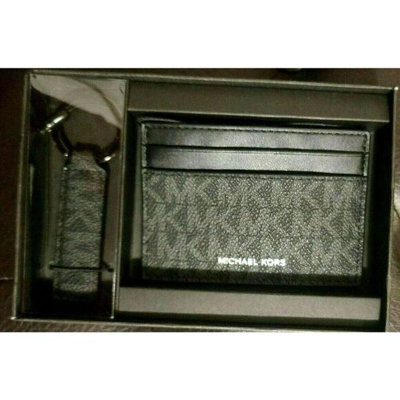 Michael Kors 86F1LGFD1B Men Front Pocket Wallet Black Logo Card Case Key Chain - Picture 1 of 6